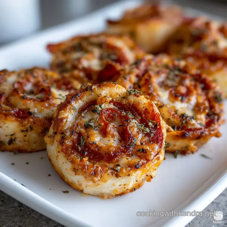 Artfully arranged pinwheels on a white plate, showcasing the vibrant pepperoni and bubbling cheese. A perfect appetizer.