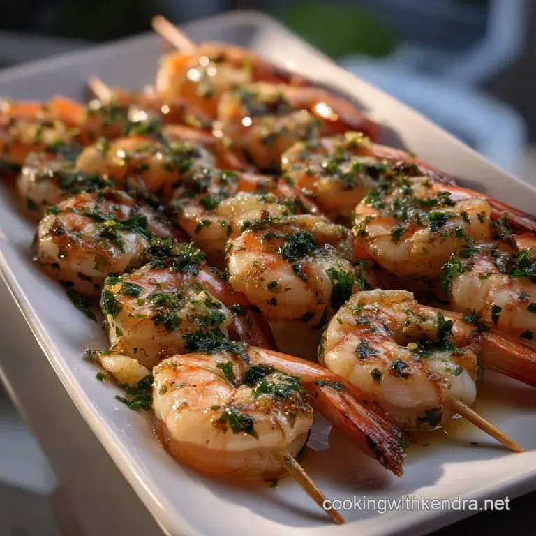 Plated shrimp glistening with garlic butter, surrounded by fresh parsley and lemon wedges on a white plate, offering a zes...