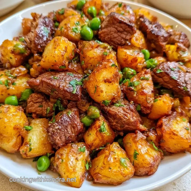 Tender chunks of beef and roasted potatoes on a white plate, garnished with fresh parsley and a savory glaze.