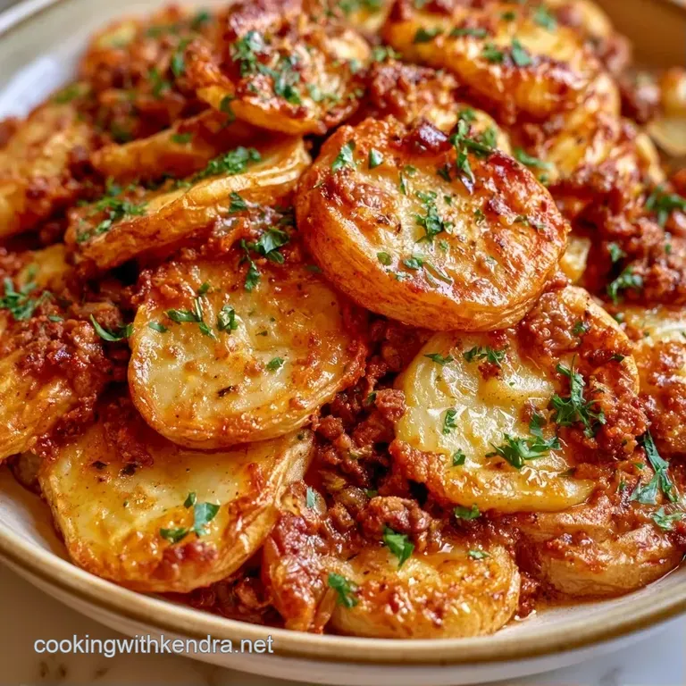 A square portion of cheesy potato bake on a white plate, garnished with a sprig of fresh parsley and black pepper.