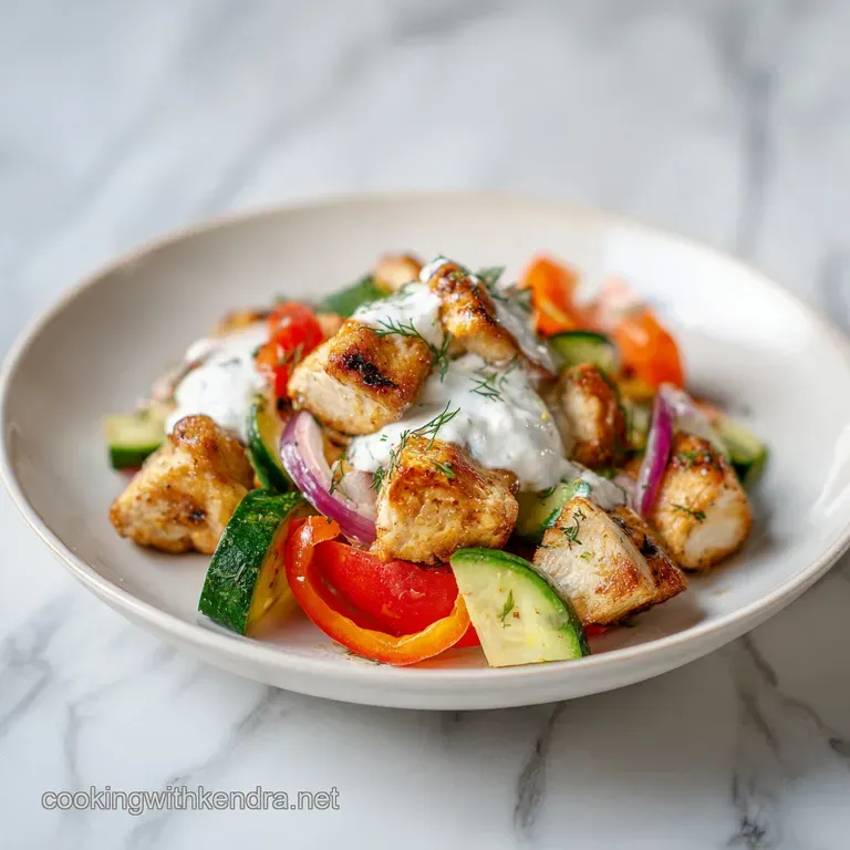 Vibrant bowl filled with colorful Mediterranean vegetables, golden grilled meat, and a dollop of creamy white tzatziki.