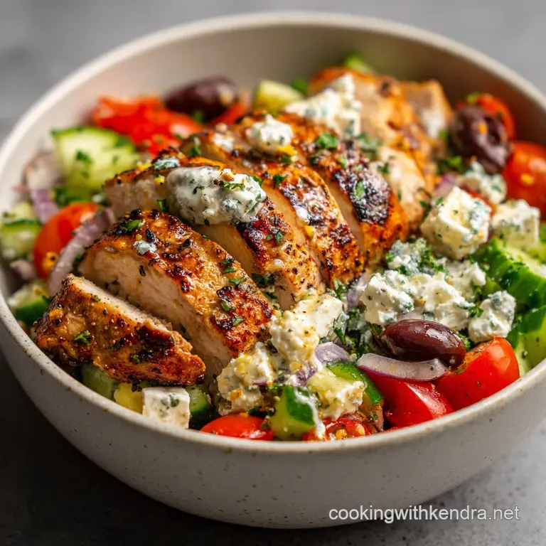 A bright and fresh Greek chicken bowl, with grilled chicken and colorful vegetables artfully arranged over a bed of fluffy...