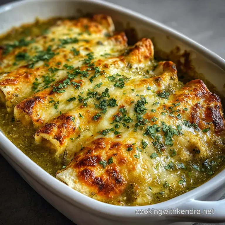 Plated enchilada oozing with creamy green sauce; cilantro garnish adds freshness. A comforting, visually appealing Mexican...