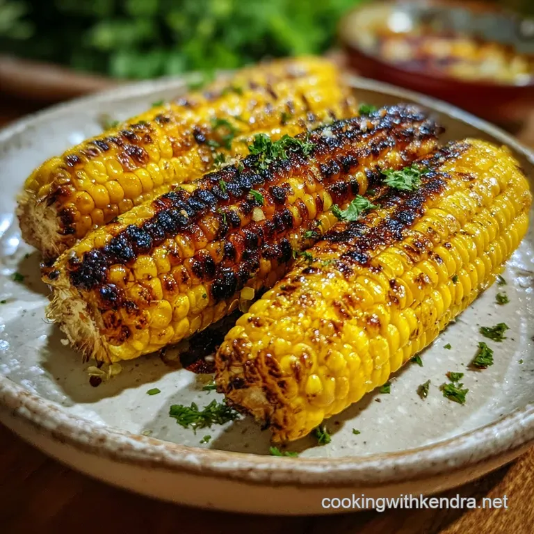 Perfectly grilled corn, husk pulled back as a handle, vibrant green herbs sprinkled over golden, juicy kernels.