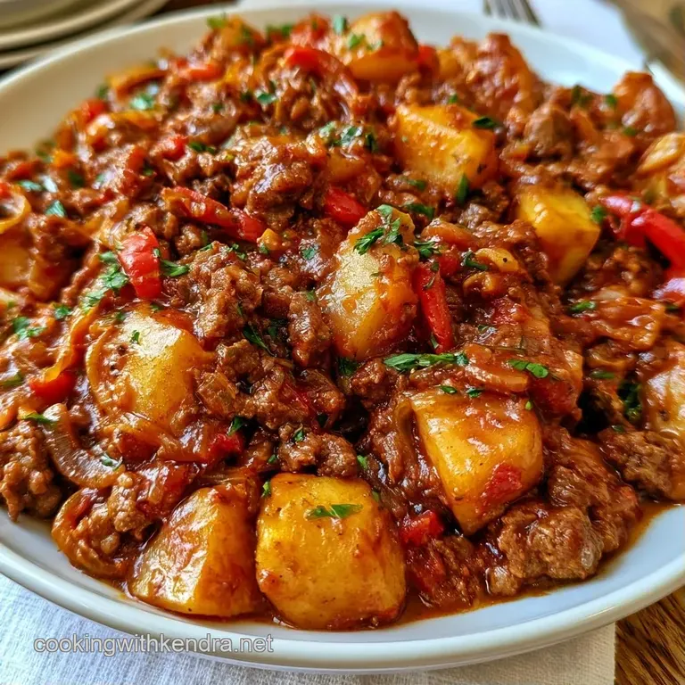 Stewed beef and potatoes in a white bowl, topped with a swirl of cream and a sprinkle of chopped green herbs