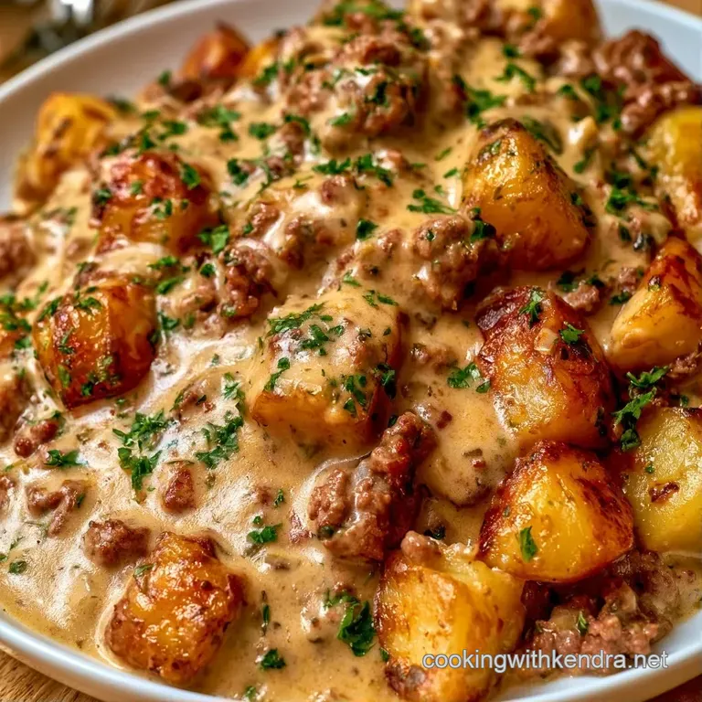 A shallow white bowl filled with a creamy beef and potato stew, garnished with a sprinkle of fresh green parsley.