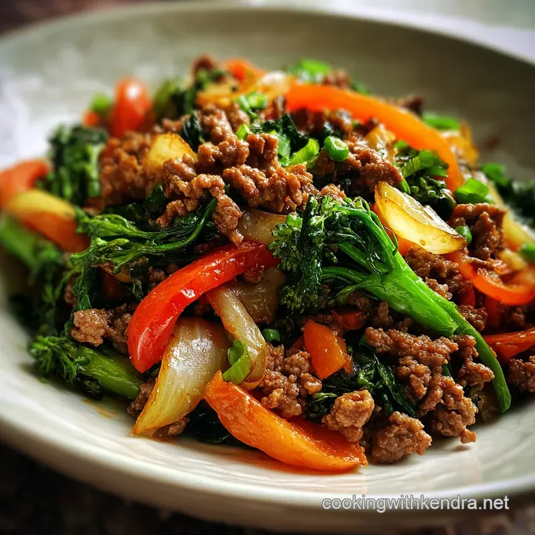 A single serving of ground beef stir-fry artfully arranged with green onions, sesame seeds, and steam rising from the dish.