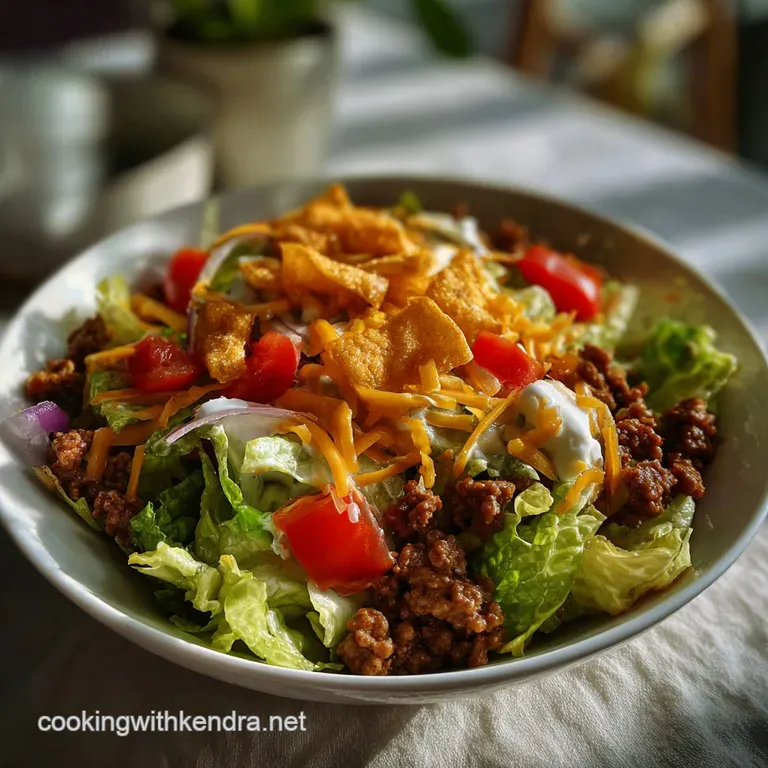 Elegant plated taco salad: Ground beef atop a bed of romaine, vibrant tomato salsa, creamy avocado slices, and a sprinkle ...