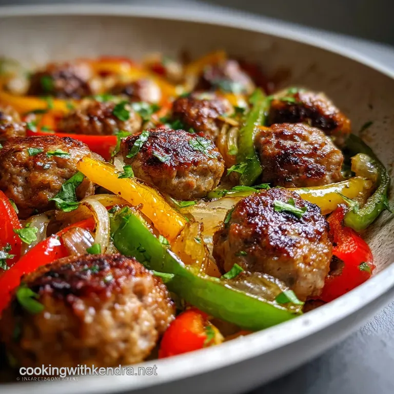 Plated perfection: a vibrant mix of juicy sausage and peppers, glistening olive oil, and sprinkled fresh herbs on rustic d...