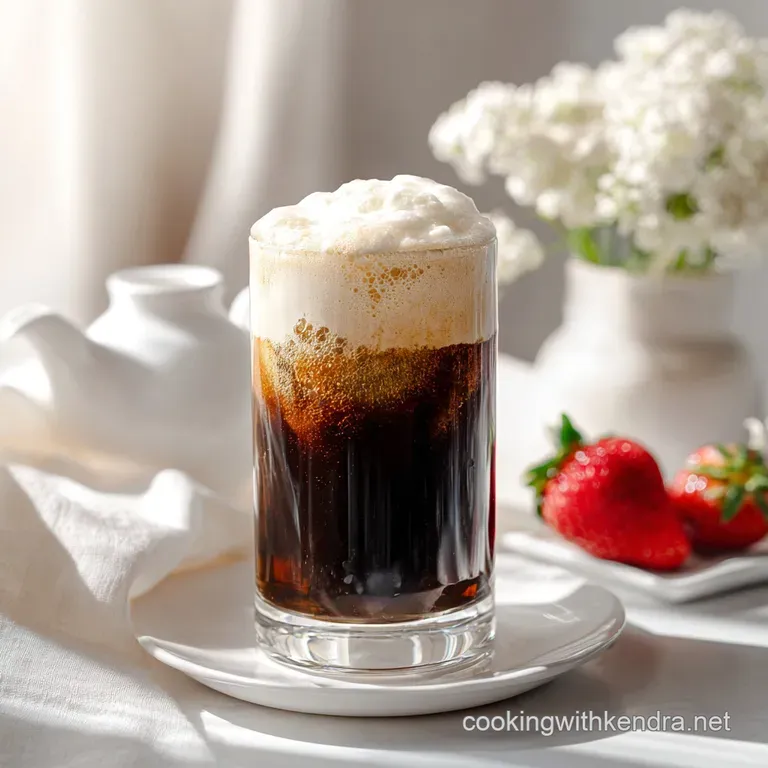 Tall, layered dessert drink, the dark beer gradually rising into a frothy white top, served in a clear glass with condensa...