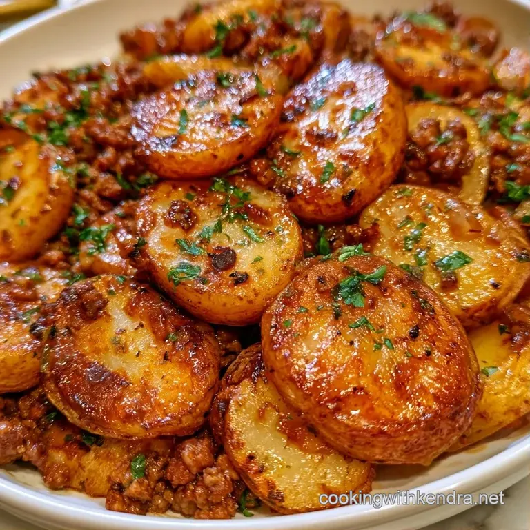 A generous scoop of savory beef and potato bake topped with fresh parsley on a modern matte ceramic plate