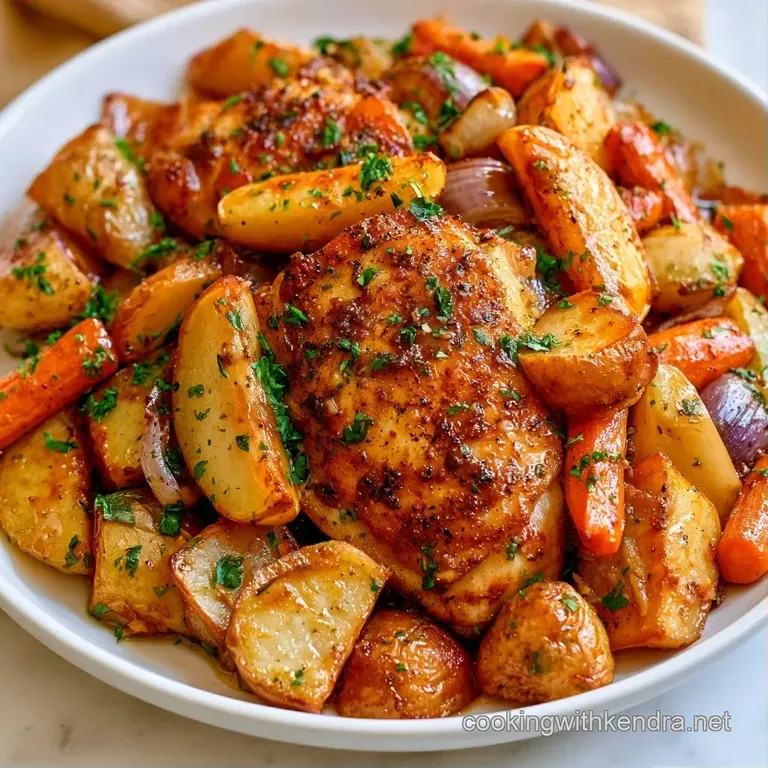 Seared chicken breast nestled among soft, golden apple slices and roasted carrots on a minimalist white ceramic plate.