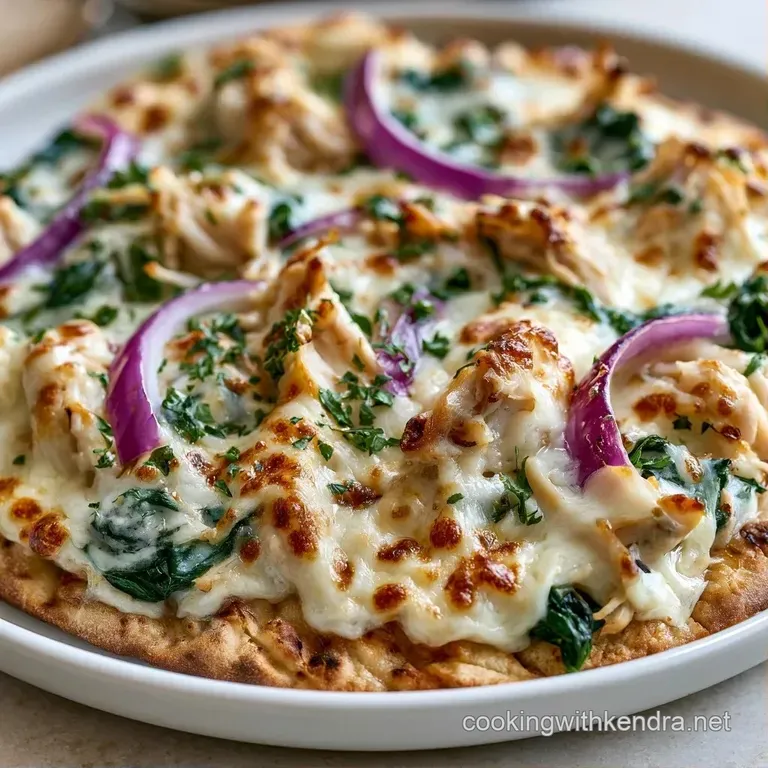 Thin, charred flatbread topped with golden chicken and colorful peppers, served on a white marble surface