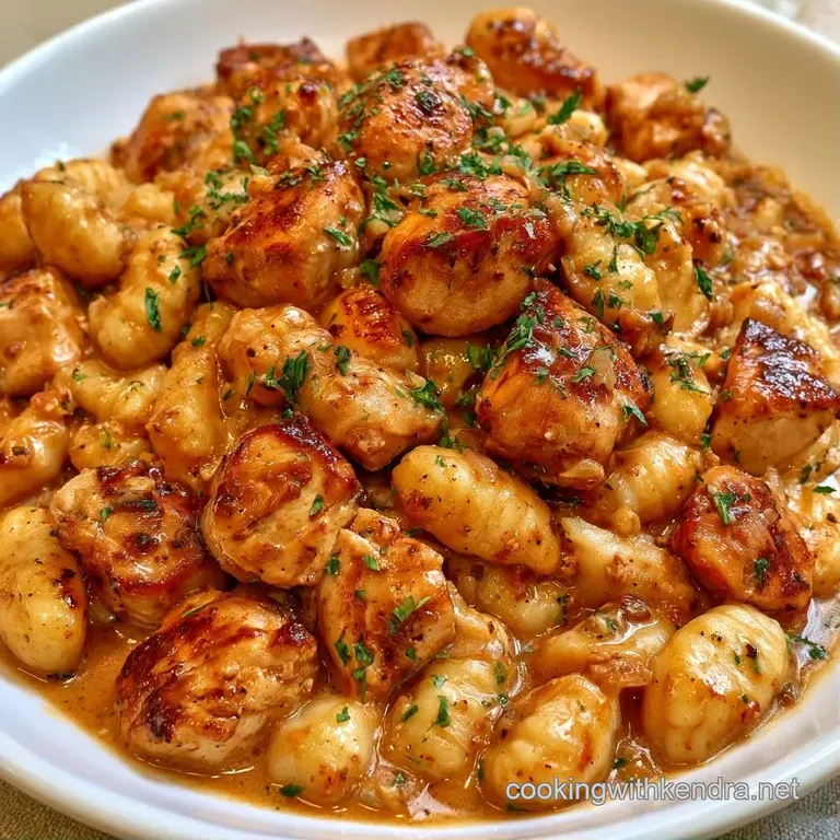 A shallow white bowl filled with pillowy gnocchi and juicy chicken breast, topped with a sprig of fresh parsley.