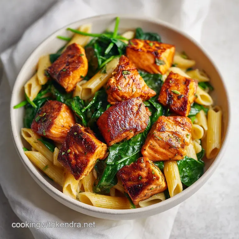 Elegant swirl of pasta topped with seared salmon chunks, wilted spinach, and a sprinkle of cracked black pepper.