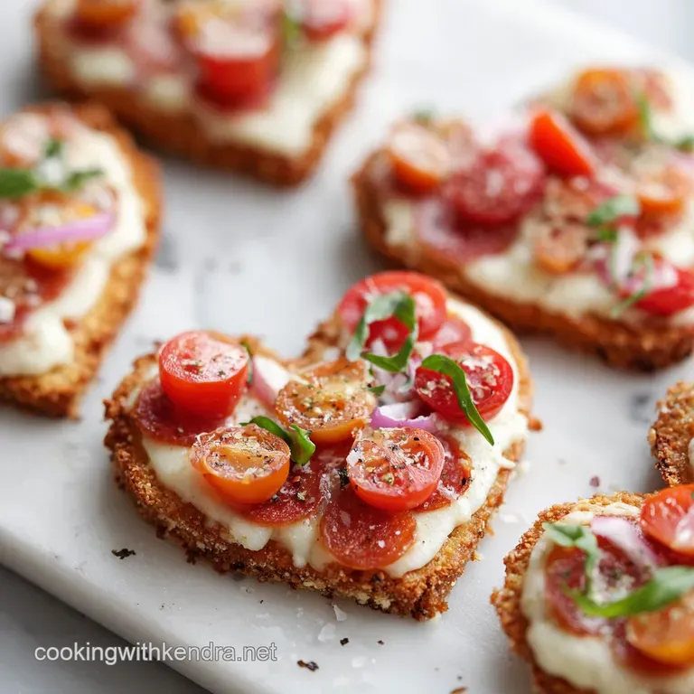 A single heart pizza sits on a white plate; visible golden crust, bubbly cheese, and vibrant red sauce offer an appetizing...