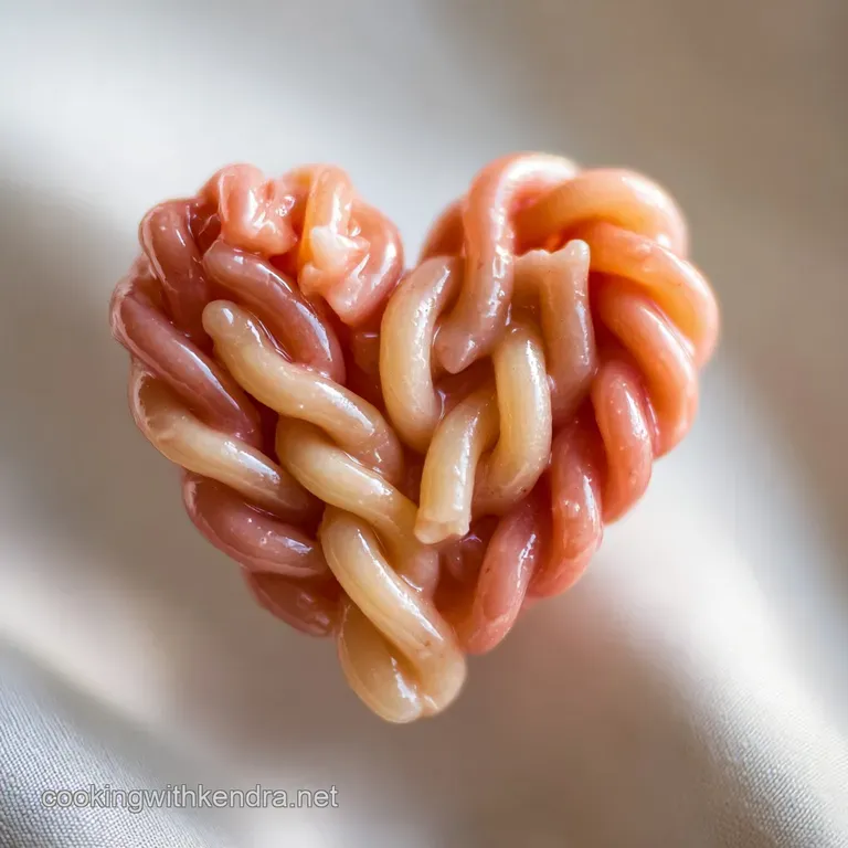 Elegant plating of heart pasta: glistening tomato sauce coats each piece, topped with basil & cheese. A romantic, quickly ...