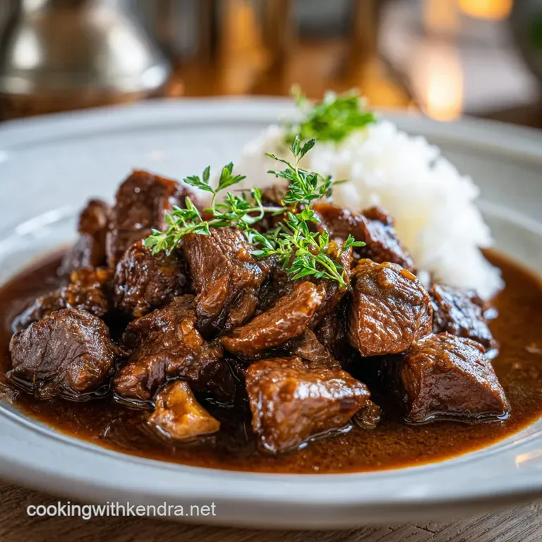 Tender beef tips and gravy artfully spooned over creamy mashed potatoes, garnished with fresh parsley. A comforting, rusti...