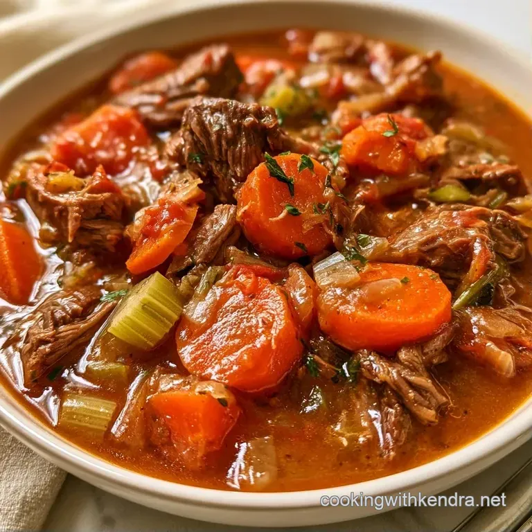 Steaming bowl of thick vegetable and beef stew topped with fresh parsley, set on a rustic wooden table with a spoon.