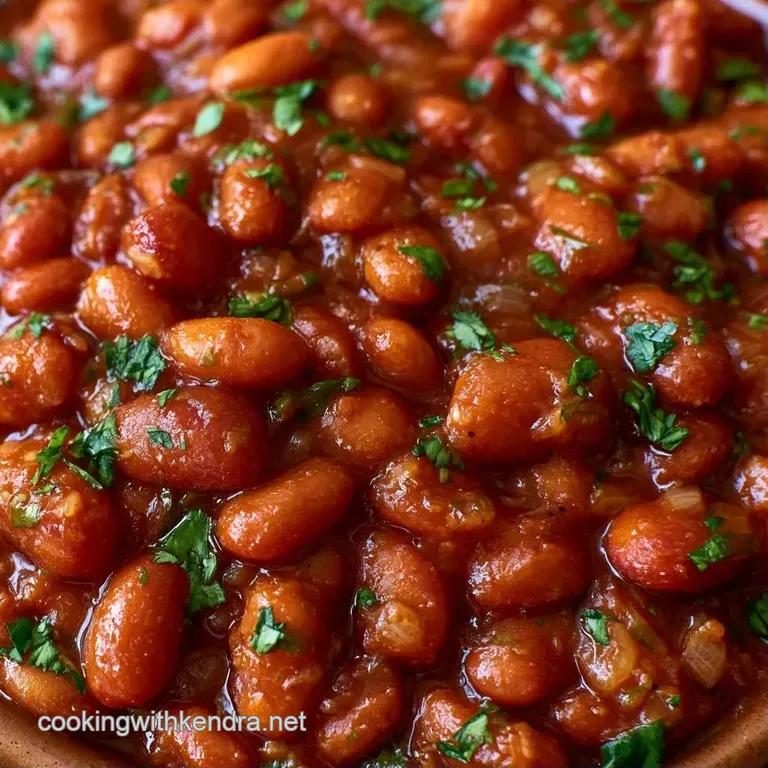 Velvety tan beans served in a white ceramic bowl with a swirl of cream and a sprig of vibrant green parsley.