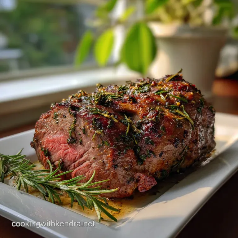 Elegant plate featuring a thick slice of rosy pink beef with crispy herb crust, accompanied by vibrant roasted carrots and...