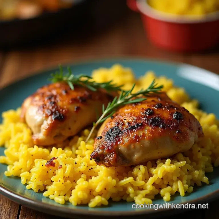 Onepan Wonder Herby Roasted Chicken Thighs with Golden Saffroninfused Rice presentation