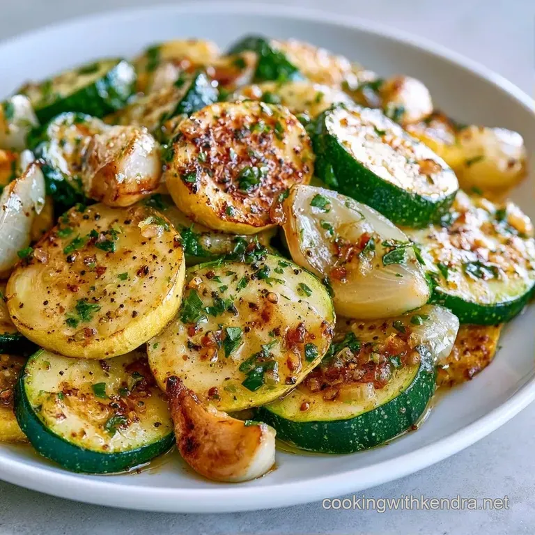 Neatly stacked slices of yellow and green squash topped with toasted garlic bits and a sprinkle of fresh parsley.