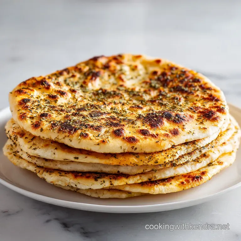 Slices of warm, golden flatbread arranged neatly on a white ceramic plate, accented by fresh garden herbs.