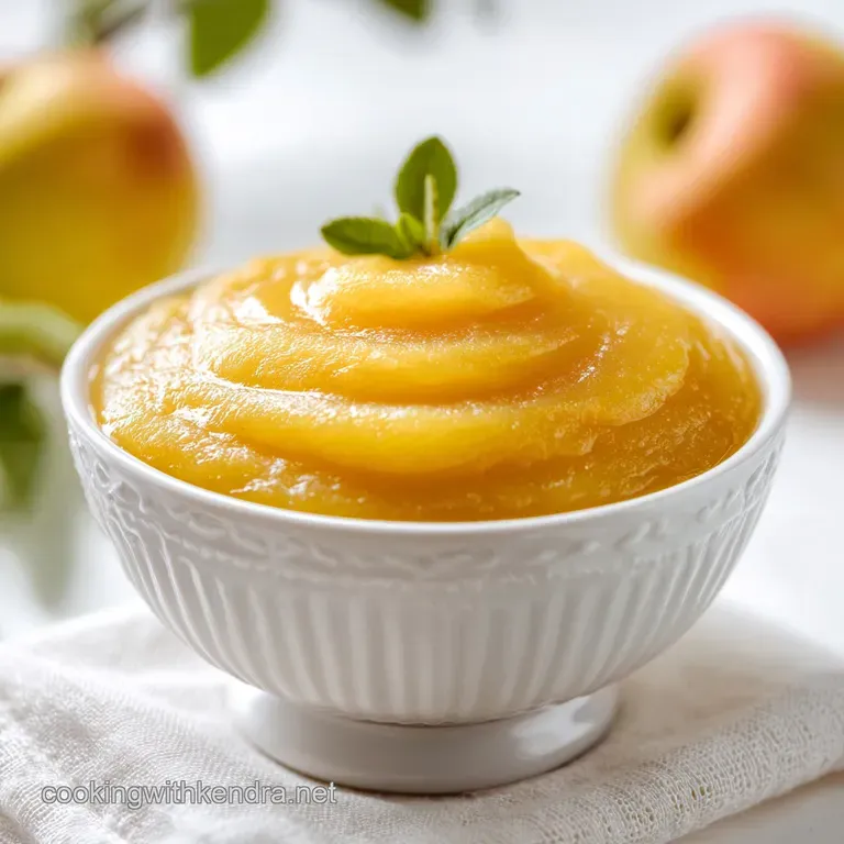 A delicate ceramic bowl showcasing smooth, pale gold applesauce, drizzled with a hint of dark caramel.