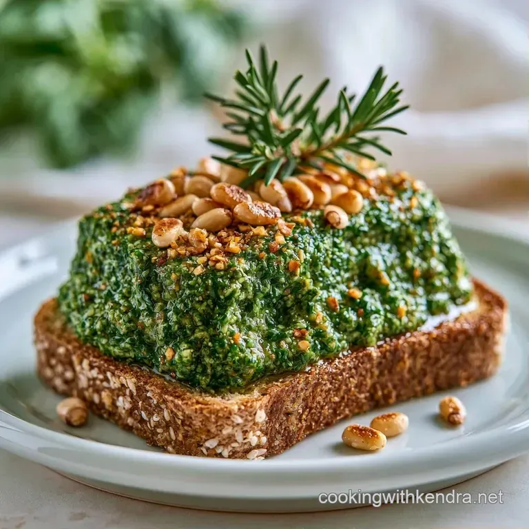 A rustic ceramic bowl filled with emerald green sauce, garnished with a fresh basil sprig and toasted pine nuts.