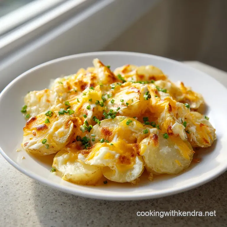 A generous scoop of creamy potato casserole, garnished with fresh herbs, on a white plate.