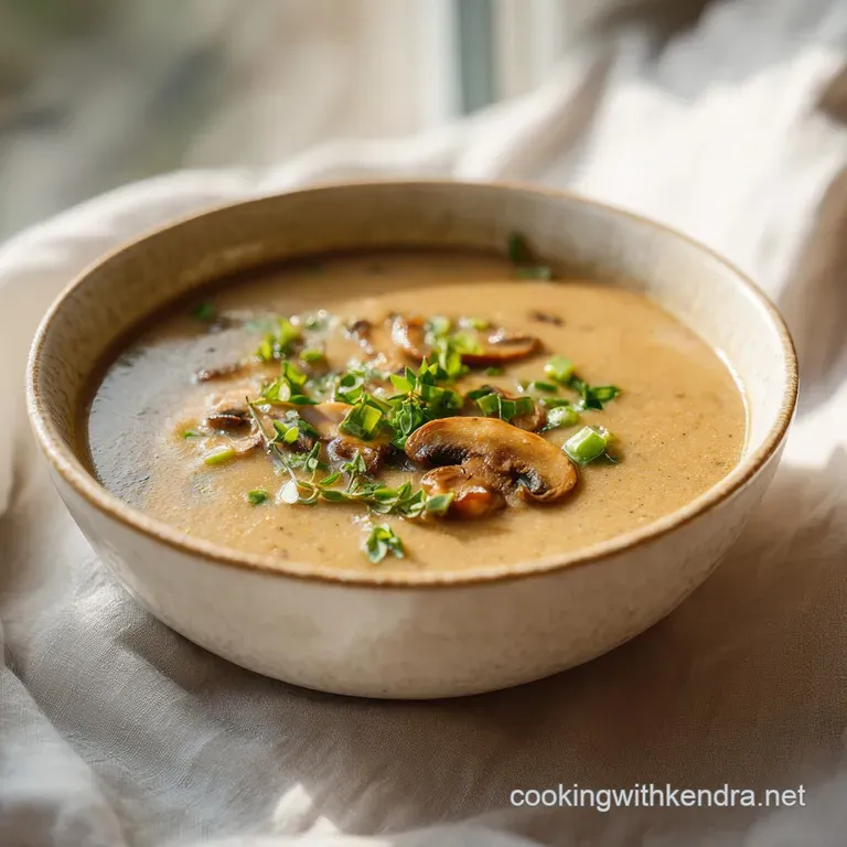 Elegant bowl of condensed mushroom soup, dotted with parsley and served with crusty bread, a comforting, warm presentation.