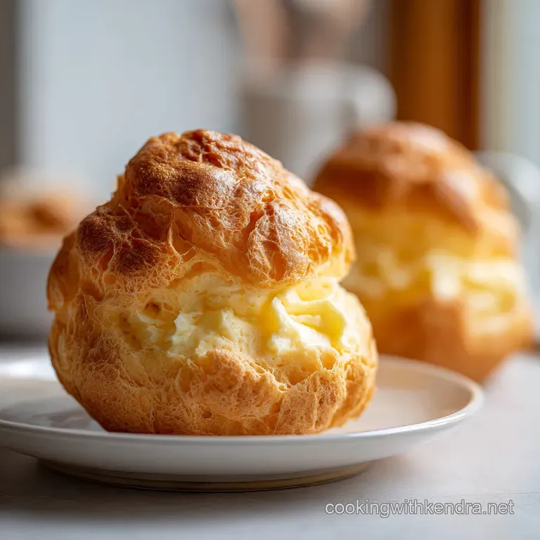 Three airy cream puffs artfully arranged on a white plate, dusted with powdered sugar.