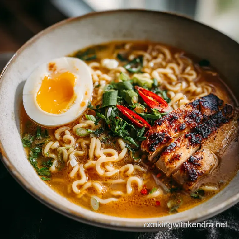 Artfully arranged ramen bowl featuring swirling broth, glistening pork, and a perfectly runny yolk on top of fresh noodles.