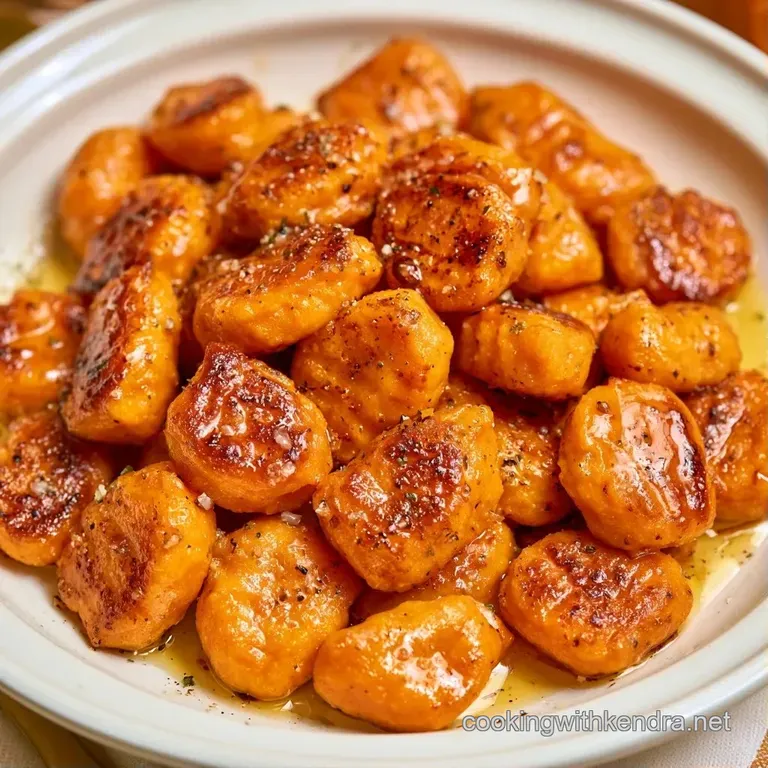 Vibrant orange dumplings arranged on a white ceramic plate with a drizzle of glossy sauce and toasted hazelnuts.