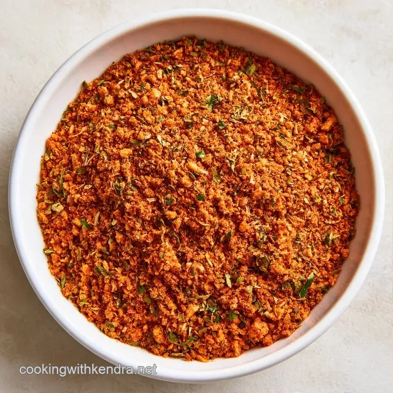 Fine reddish-brown spice blend in a clear glass jar with a wooden spoon resting on a white marble surface.