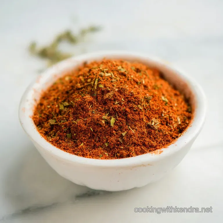 Vibrant red spice blend piled in a small ceramic bowl on a dark slate background with scattered peppercorns.
