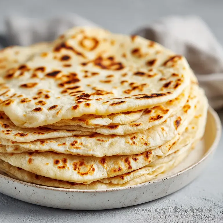 Soft, warm flour wraps neatly stacked and wrapped in a white linen cloth, served with a side of vibrant green salsa.