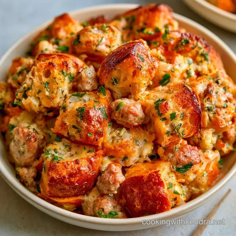 A heap of toasted golden bread cubes mixed with browned sausage and diced celery on a clean white ceramic plate.