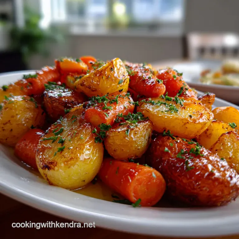 Elegant plate of honey-roasted potatoes, deep golden color, with contrasting fresh green herbs. The potatoes have a tempti...
