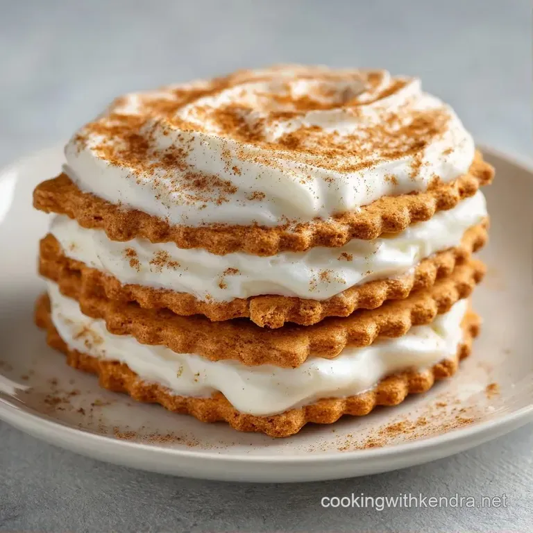 An elegant slice of layered cream cake on a white ceramic plate, garnished with a cinnamon stick and fresh mint.