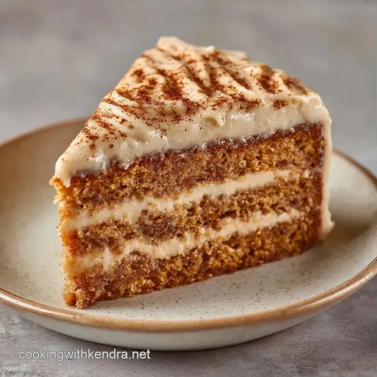 Elegant slice of creamy beige cake on a white plate, garnished with a cinnamon stick and a light syrup drizzle.