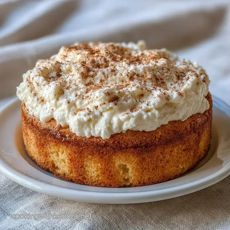 A slice of creamy white cake on a ceramic plate, garnished with a cinnamon stick and a sprinkle of brown sugar.