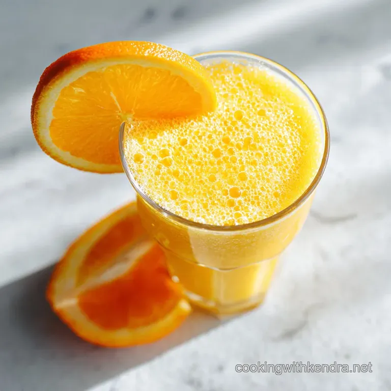 Bright orange smoothie poured into a stylish glass, garnished with a fresh orange slice and mint.
