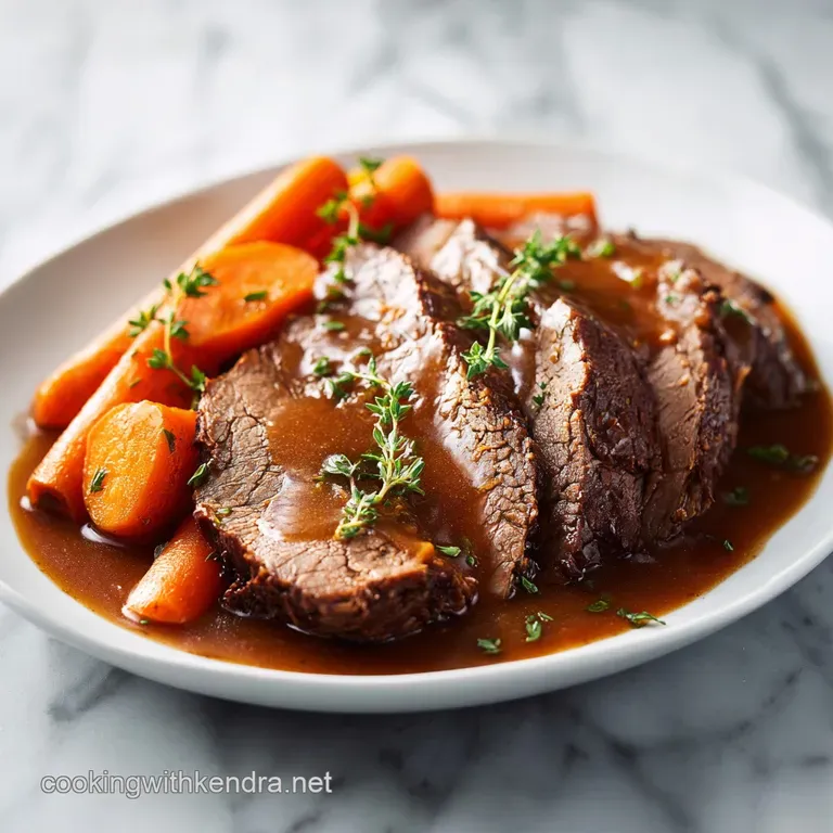 Neatly sliced tender beef resting on creamy mashed potatoes with glazed carrots and a drizzle of savory brown sauce.