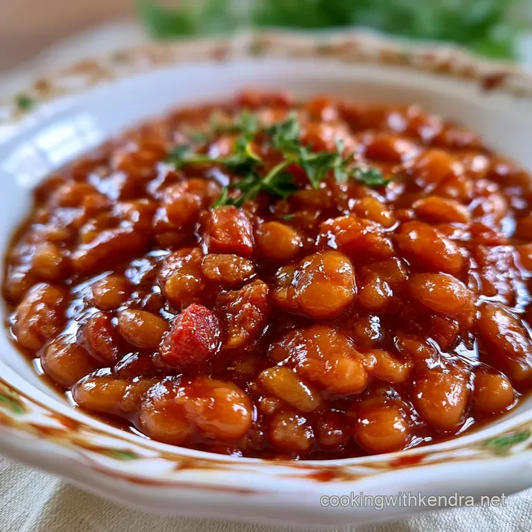 Hearty brown beans and tender pork pieces served in a rustic white bowl, garnished with a sprig of fresh parsley.