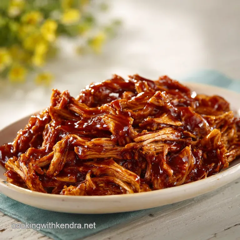 Glossy, reddish-brown shredded meat piled high on a ceramic plate, garnished with sliced green onions and parsley.
