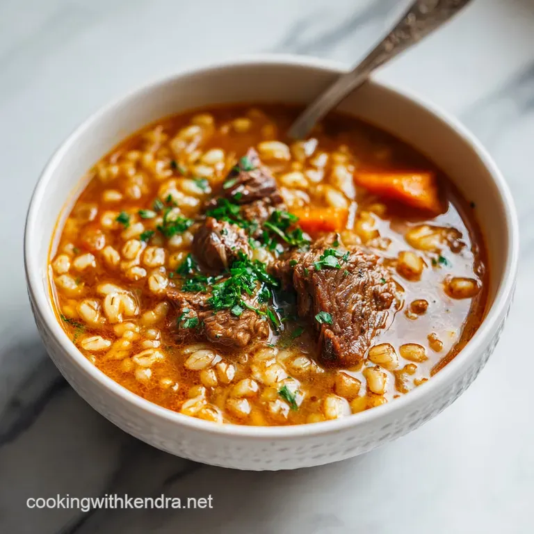 A steaming bowl of rich beef barley soup, garnished with fresh parsley and a crusty bread slice.