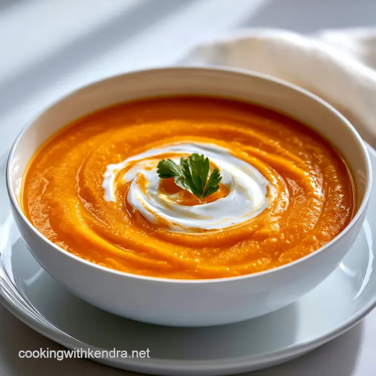 Bright orange soup in a modern ceramic bowl featuring a cream swirl and crunchy pepitas on a rustic wooden table.