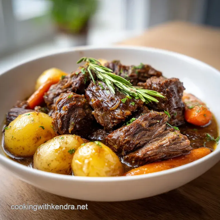 Tender shredded beef piled high, drizzled with savory gravy, alongside vibrant, softened root vegetables.